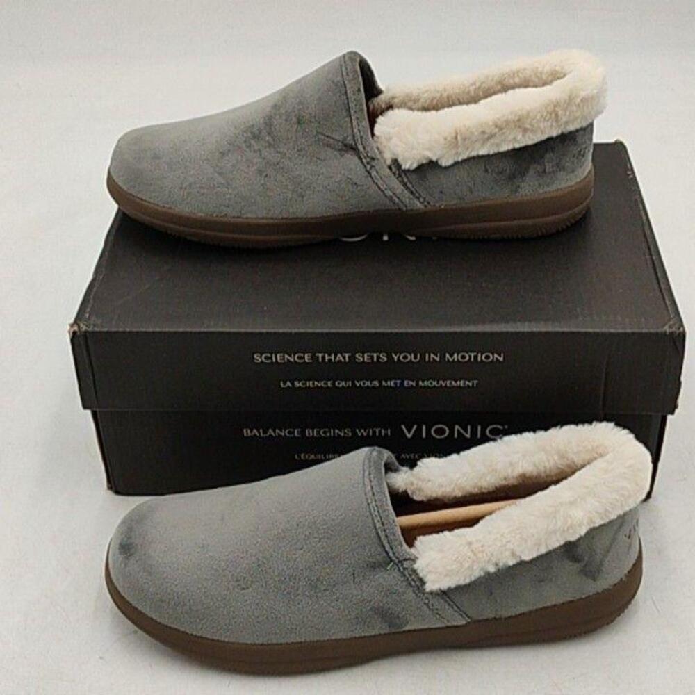 Slippers Womens Gray Charcoal Faux Fur Lined House Cozy Slip On Size 8